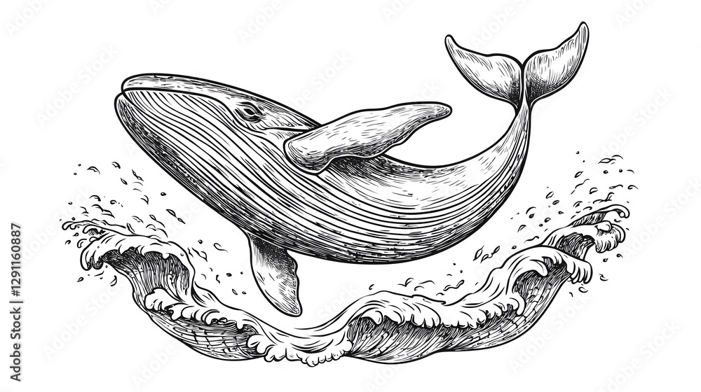 This striking depicts a powerful whale breaching the ocean surface showcasing its majestic form and the dramatic waves it creates Rendered in a high contrast ink line style