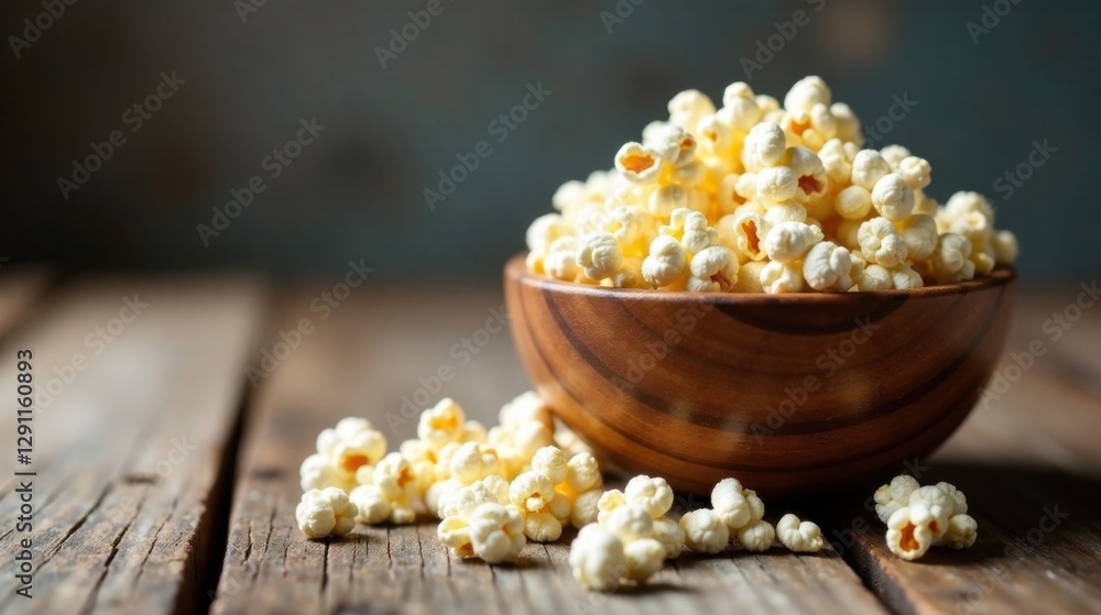 A rustic wooden bowl overflowing with freshly popped popcorn, scattered kernels on a weathered wooden surface, creating a captivating visual of simple pleasures A rustic wooden bowl overflowing with freshly popped popcorn, scattered kernels on a weathered wooden surface, creating a captivating visual of simple pleasures