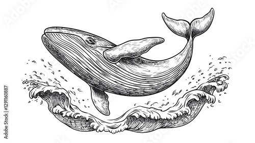 Obraz na płótnie This striking depicts a powerful whale breaching the ocean surface showcasing its majestic form and the dramatic waves it creates Rendered in a high contrast ink line style w salonie