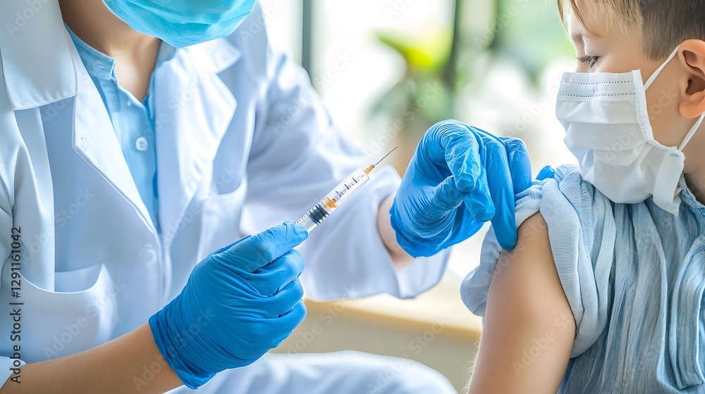 Vaccination Clinic Scene with Multiple Patients Receiving Influenza Shots from Masked Doctors Natural Daylight Streaming In and Subtle Dispersal of Influenza Virus Particles in a Refined
