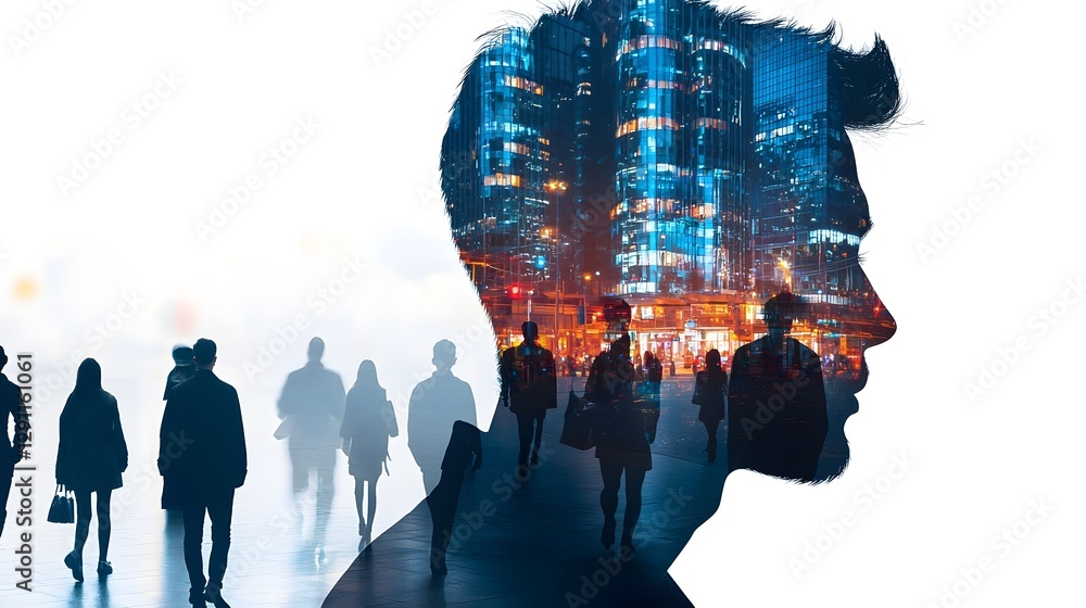 Vibrant and colorful architectural 3D rendering showcasing the details of a futuristic city skyline at night The scene features a double exposure silhouette with a digital 3D model