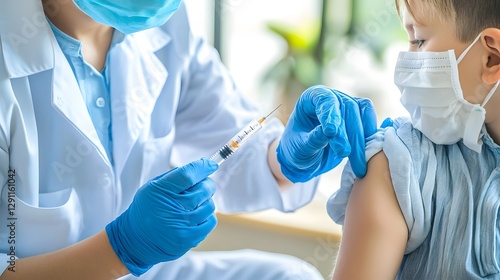 Obraz na płótnie Vaccination Clinic Scene with Multiple Patients Receiving Influenza Shots from Masked Doctors Natural Daylight Streaming In and Subtle Dispersal of Influenza Virus Particles in a Refined w salonie