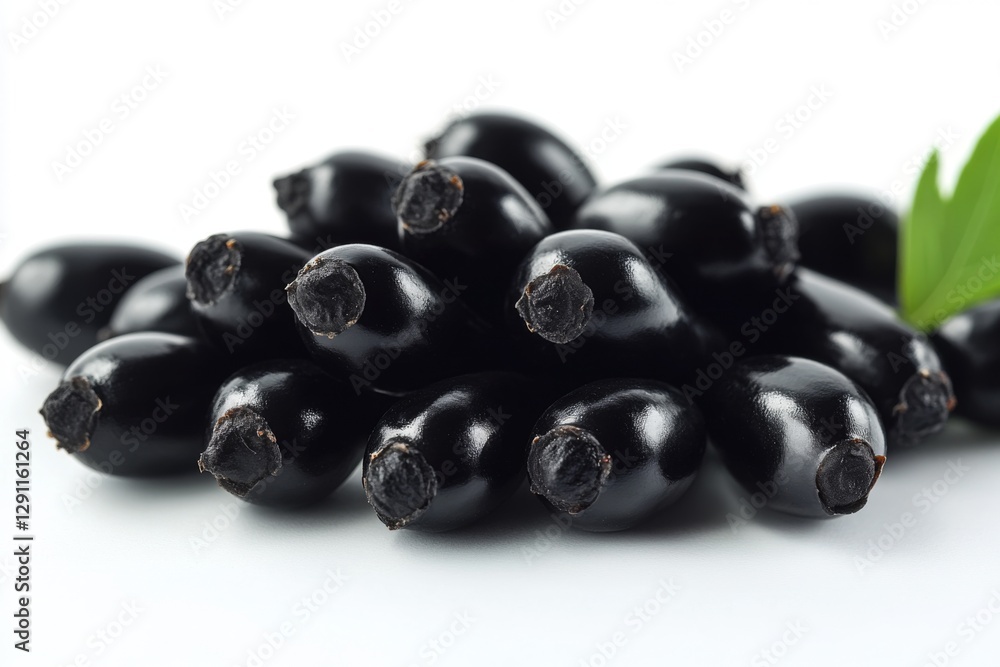 Glossy black olives on a reflective surface with a soft light effect Glossy black olives on a reflective surface with a soft light effect