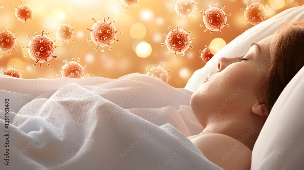 Weak patient resting in a hospital room gazing thoughtfully at the warm golden sunset outside Glowing influenza virus particles softly drift in the air creating a refined and melancholic atmosphere