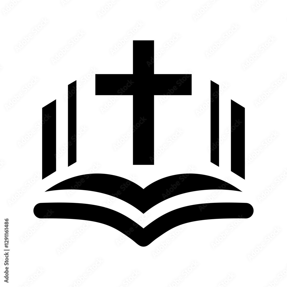 Religion icon. Simple black and white icon of christian cross standing on open bible. Vector illustration Religion icon. Simple black and white icon of christian cross standing on open bible. Vector illustration