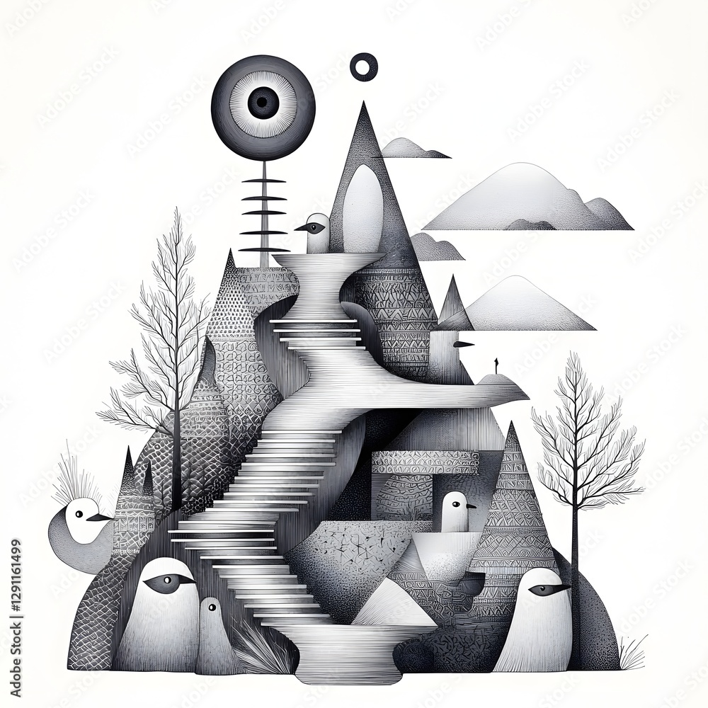 Whimsical and imaginative ink depicting a group of penguins waddling on an icy geometric landscape with pyramids towers and architectural elements in a surreal minimalist composition