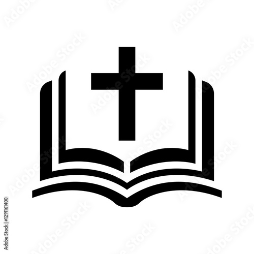 Religion icon. Simple black and white icon of christian cross standing on open bible. Vector illustration