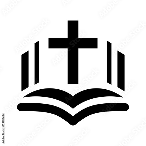 Religion icon. Simple black and white icon of christian cross standing on open bible. Vector illustration