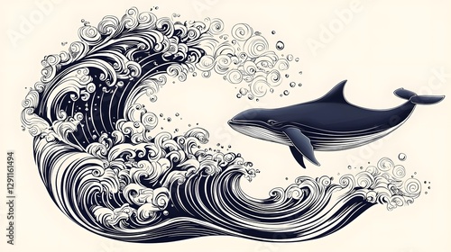Obraz na płótnie Whale Breaching the Ocean Surface in Dramatic Ink Line Art Style with High Contrast Textured Waves and Fluid Patterns w salonie