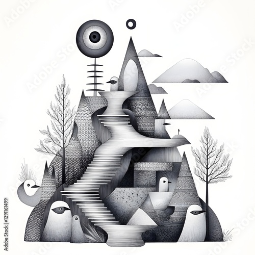 Whimsical and imaginative ink depicting a group of penguins waddling on an icy geometric landscape with pyramids towers and architectural elements in a surreal minimalist composition
