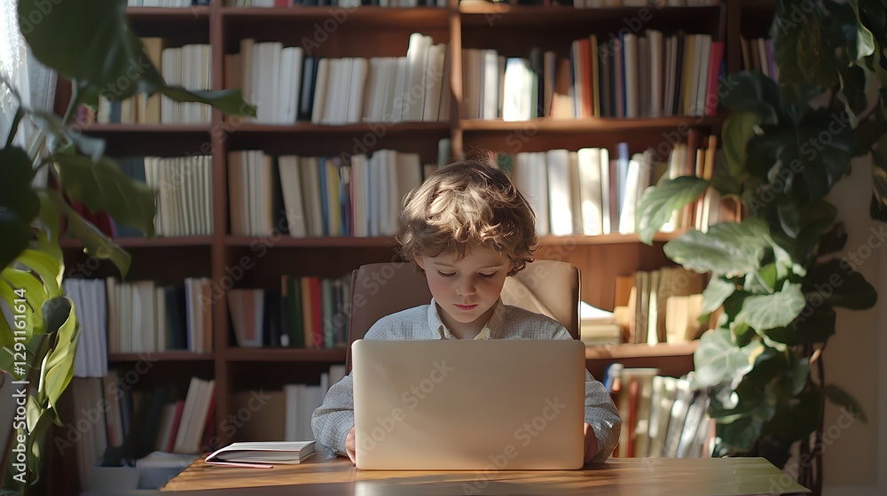 Young child engaged in online education sitting at a desk with a laptop attentively focused on the screen The scene is illuminated by abundant natural daylight streaming through a nearby window