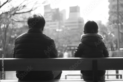 Silhouettes of two people sitting on a bench in a black and white urban scene