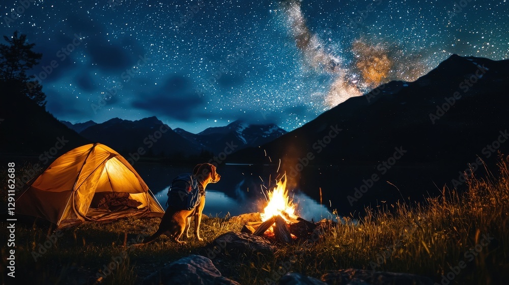 Beagle Pets by Campfire Under Starry Sky in Scenic Nature Beagle Pets by Campfire Under Starry Sky in Scenic Nature