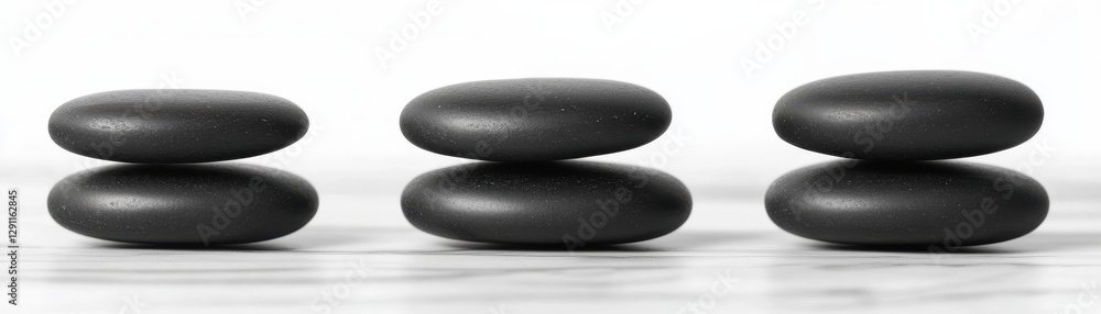Three balanced stacks of smooth black stones on a light surface, symbolizing tranquility and harmony. Three balanced stacks of smooth black stones on a light surface, symbolizing tranquility and harmony.