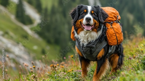Bernese Mountain Dog Hiking Through Alpine Meadows in Nature
