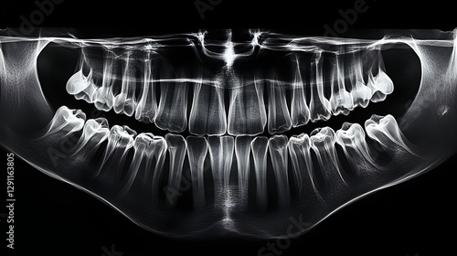 a panoramic dental X-ray displaying the full set of upper and lower teeth, including the jawbone structure. It is interesting for dental analysis and diagnosis.