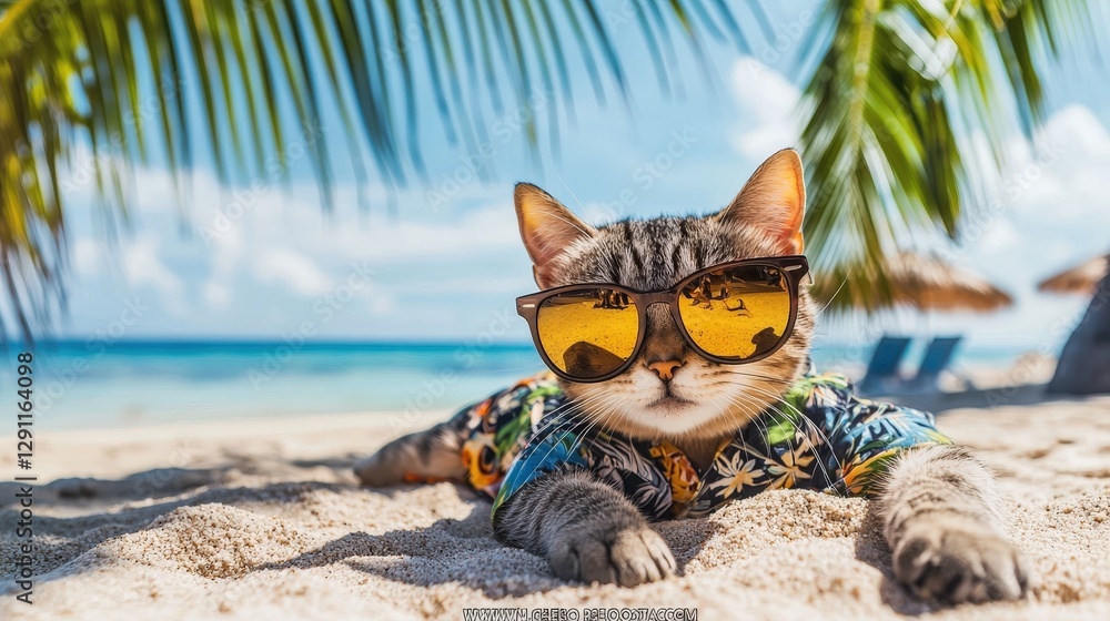 Obraz premium Cat in Oversized Sunglasses Enjoys a Tropical Hawaiian Beach Scene