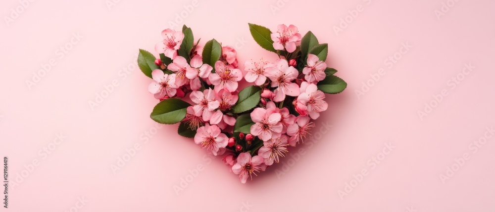 Fototapeta premium Pink flowers forming heart shape on pink background.