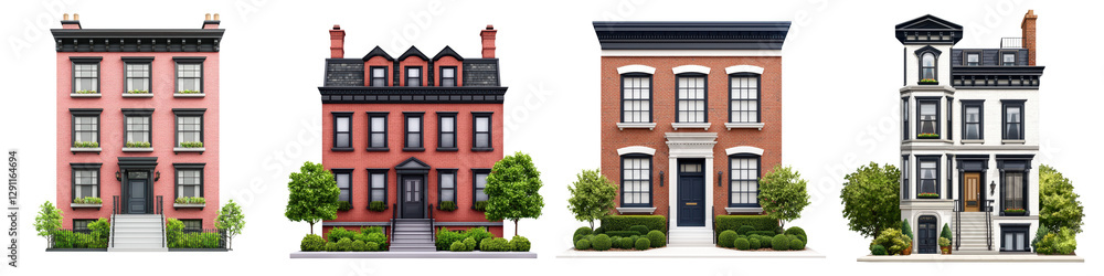 Fototapeta premium Charming Townhouses Lining Picturesque Urban Neighborhood with Elegant Historic Architecture Facades and Manicured Landscaping