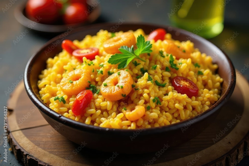 Boiled rice in a ceramic dish with seafood and spices, rice, paella Boiled rice in a ceramic dish with seafood and spices, rice, paella