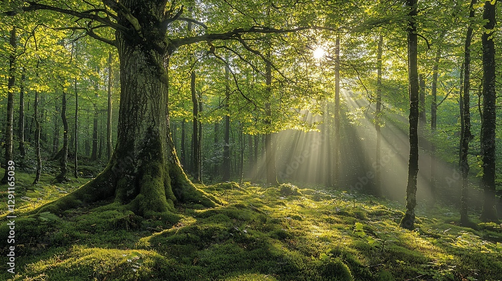 Fototapeta premium Sunbeams illuminate mossy forest floor.