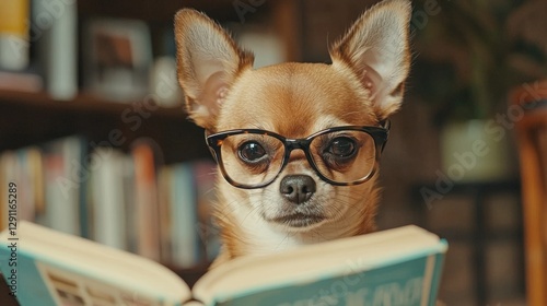 Curious Chihuahua Wearing Oversized Glasses Reading a Book