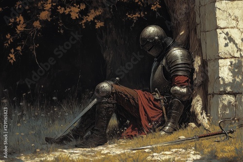 Knight resting against stone wall with swords laying beside him