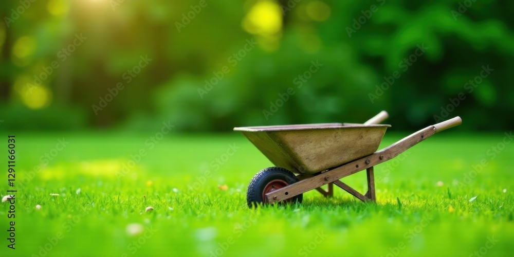 A miniature wooden wheelbarrow rests serenely on a vibrant green lawn, bathed in the warm glow of sunlight filtering through lush foliage. A miniature wooden wheelbarrow rests serenely on a vibrant green lawn, bathed in the warm glow of sunlight filtering through lush foliage.