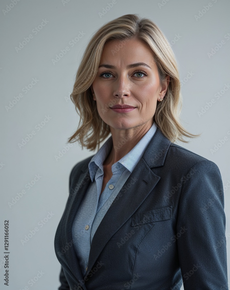 A middle aged female event planner in smart casual attire at a venue on a plain background