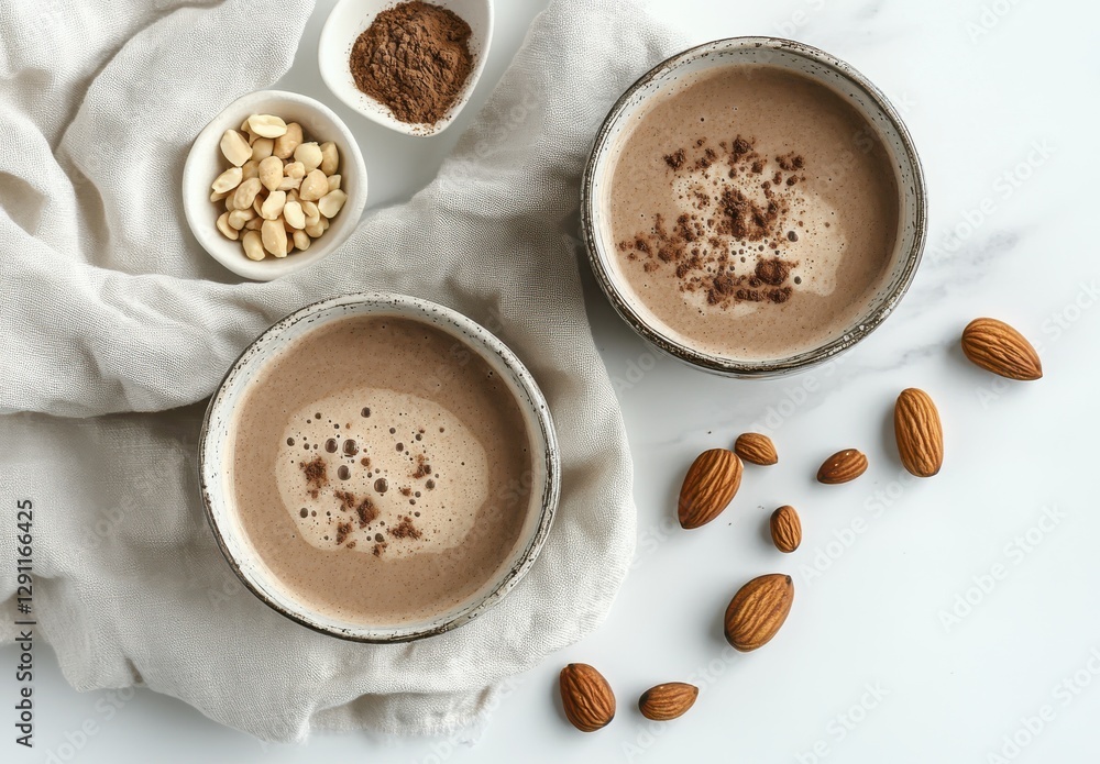 Fototapeta premium Delicious and Nutritious Chocolate Smoothie Bowls with Toppings and Ingredients on a Light Background