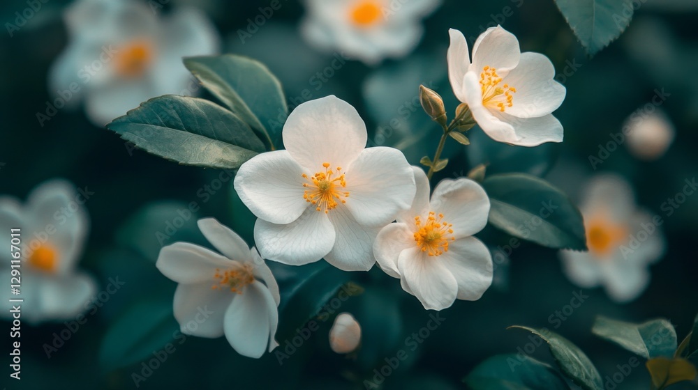 Close-up view showcases splendid white petals with golden centers, surrounded by lush green foliage, evoking peacefulness and natural elegance during late spring Close-up view showcases splendid white petals with golden centers, surrounded by lush green foliage, evoking peacefulness and natural elegance during late spring