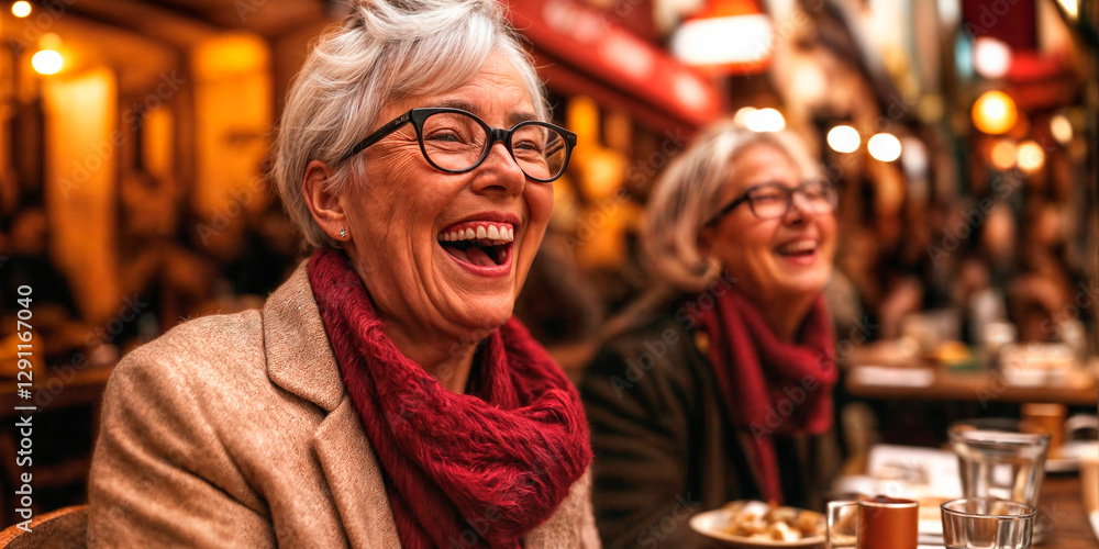Obraz premium Group of retired female friends laughing and enjoying a meal out together in a restaurant