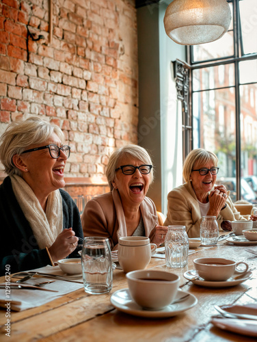 Group of retired female friends laughing and enjoying a meal out together in a restaurant
