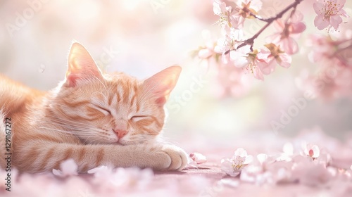 Ginger Cat Relaxing Under Cherry Blossom Tree in Spring