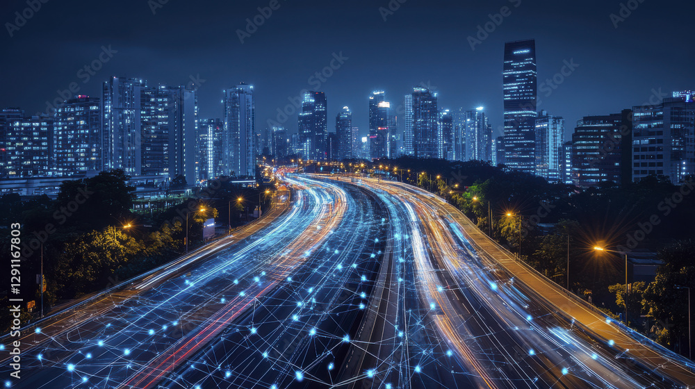 vibrant cityscape at night showcasing busy highway illuminated by lights, with digital connections symbolizing smart city technology and optimized transportation vibrant cityscape at night showcasing busy highway illuminated by lights, with digital connections symbolizing smart city technology and optimized transportation