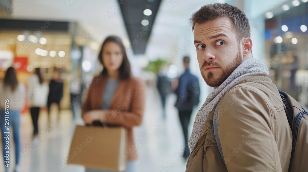 Fototapeta premium Thief alert in a shopping mall, staff noticing unusual behavior. Featuring fast response and store protection