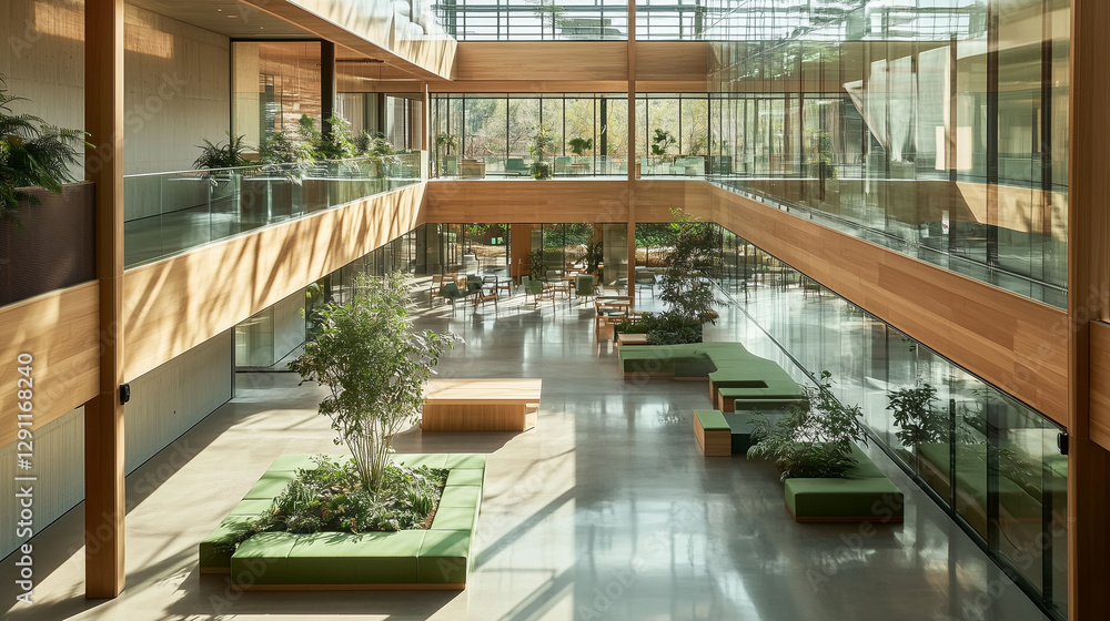 Fototapeta premium A breathtaking atrium bathed in natural light, where floating walkways and glass partitions merge effortlessly with polished concrete floors and warm wooden tones