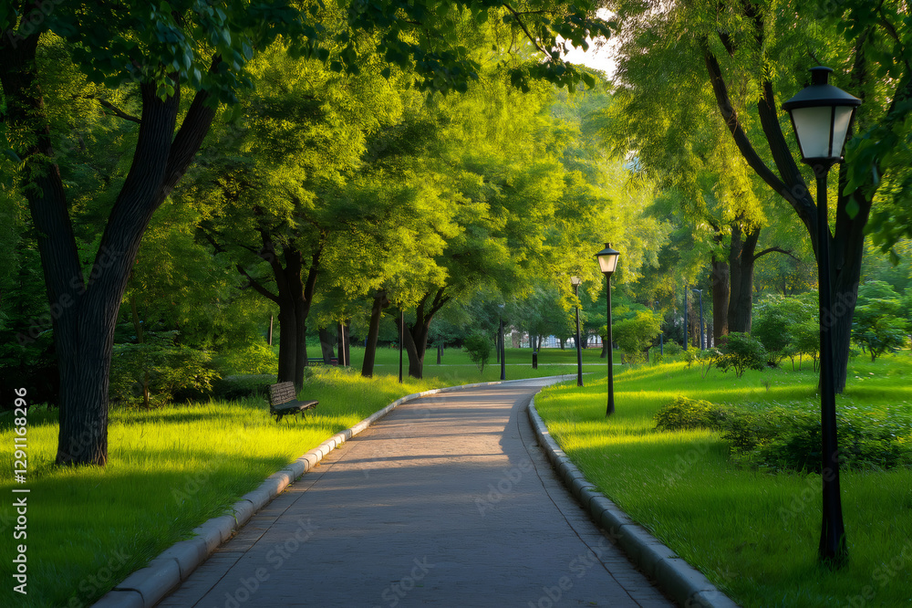 Sun dappled path meandering through a tranquil park, beckoning visitors to enjoy the serene beauty of nature Sun dappled path meandering through a tranquil park, beckoning visitors to enjoy the serene beauty of nature
