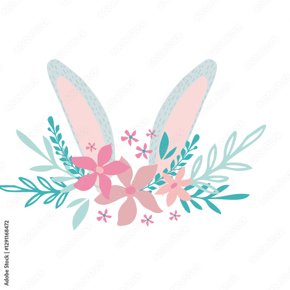 Cute hand drawn easter design with bunny ears and spring wild flowers. Cute hand drawn easter design with bunny ears and spring wild flowers.