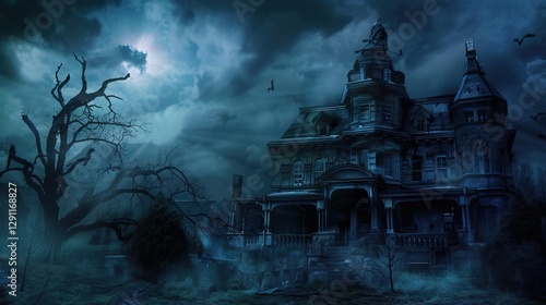 Eerie Haunted House Horror Scene Background with Spooky Atmosphere, Creepy Victorian Mansion, Ghostly Shadows, and Halloween Decoration for Dark Fantasy Design