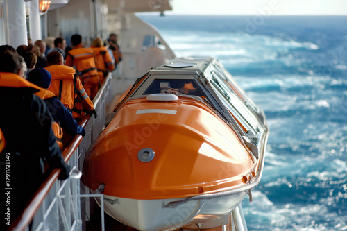 Orange lifeboat being lowered during a safety drill on a cruise ship, with passengers and crew watching
