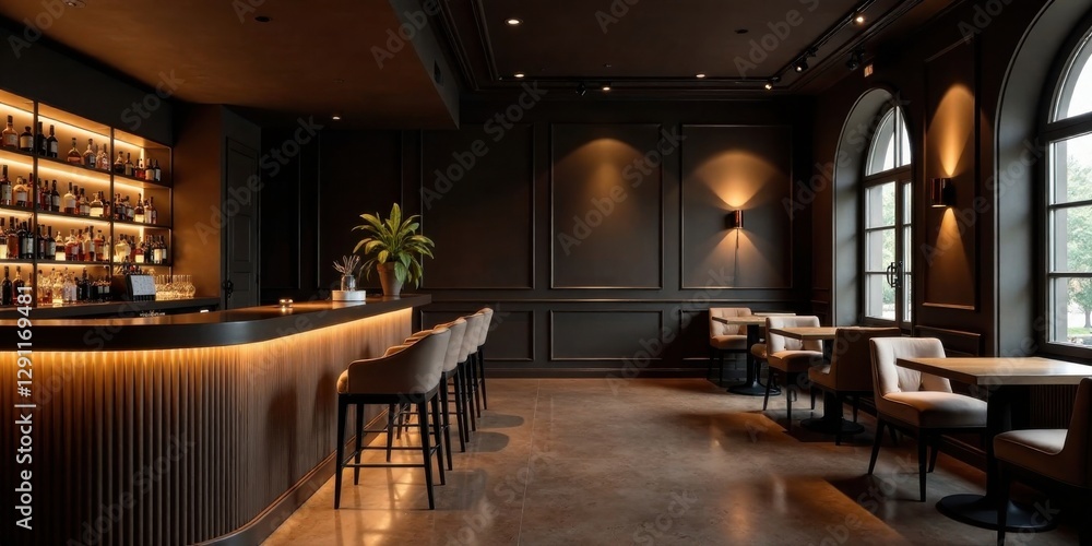 Obraz premium Sophisticated Bar Interior with Warm Lighting and Modern Seating Arrangement
