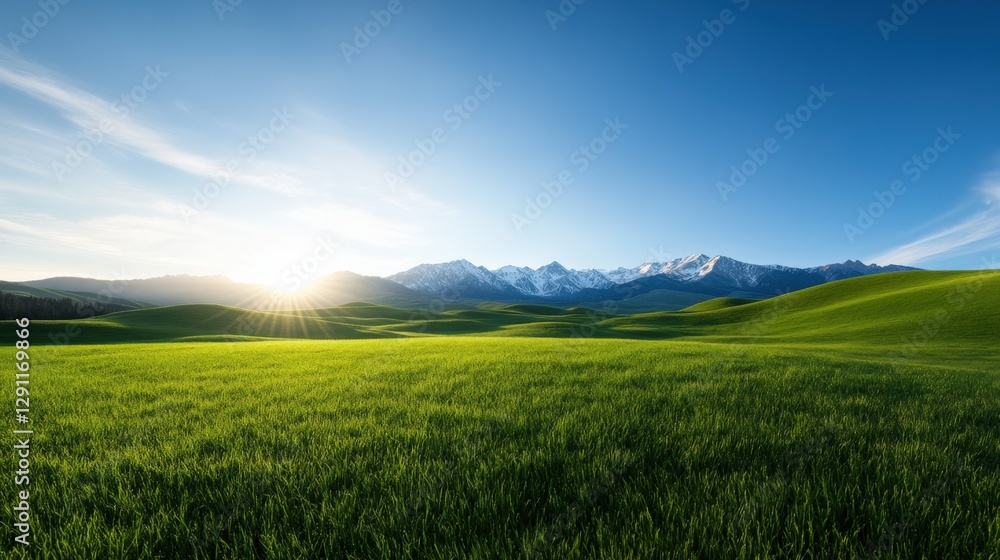 Obraz premium Green Field with Mountains and Blue Sky at Sunrise