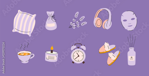 Good Sleep Essential. Illustration of Tea, Pillow, Sleep Mask and Lavender. Cozy Self-Care Icons.