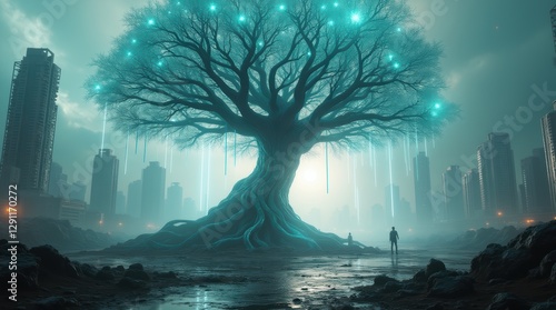 The Last Cybernetic Tree. A Dystopian Future of Nature and AI. Futuristic branding, AI and sustainability campaigns, sci-fi book covers, concept art for films, luxury digital wallpapers, NFT projects