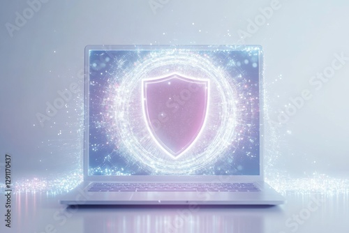 Laptop with a holographic security shield icon on the screen