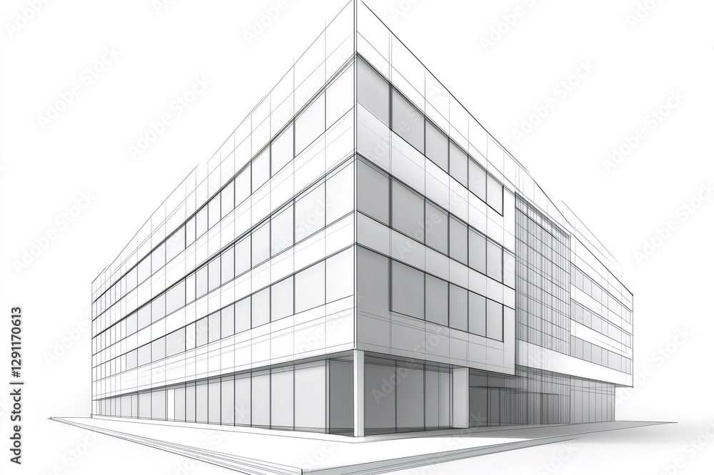Wireframe rendering of a modern office building highlighting clean geometric lines and architectural design Wireframe rendering of a modern office building highlighting clean geometric lines and architectural design