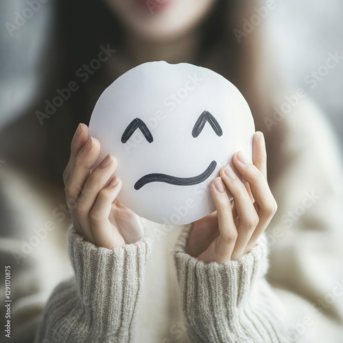 Woman Holding Ambivalent Face Card Close Up