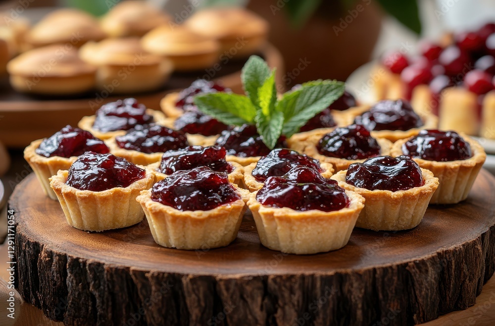 Delicious mini tart desserts filled with berry jam served on a rustic wooden platter surrounded by fresh mint and other sweet treats Delicious mini tart desserts filled with berry jam served on a rustic wooden platter surrounded by fresh mint and other sweet treats