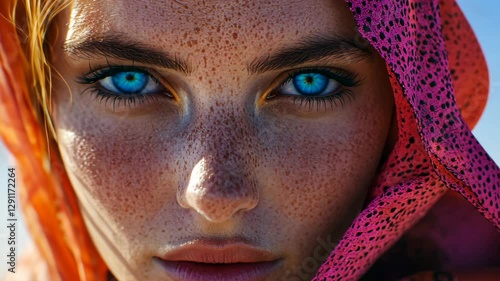 Close-up portrait of a young woman with striking blue eyes and freckles, adorned in a colorful scarf against a bright background